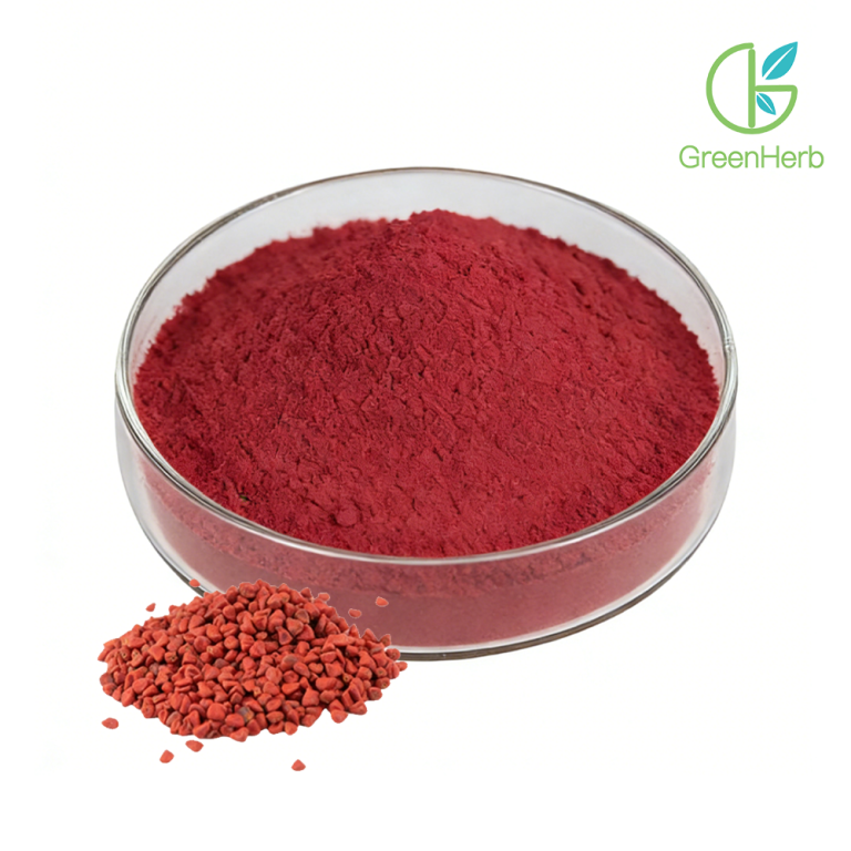 Dettaglio ravvicinato della consistenza della polvere di semi di annatto