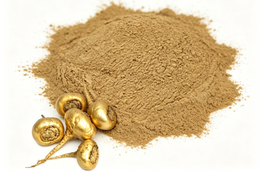 crema in polvere all'estratto di maca, colore giallo-marrone, primo piano